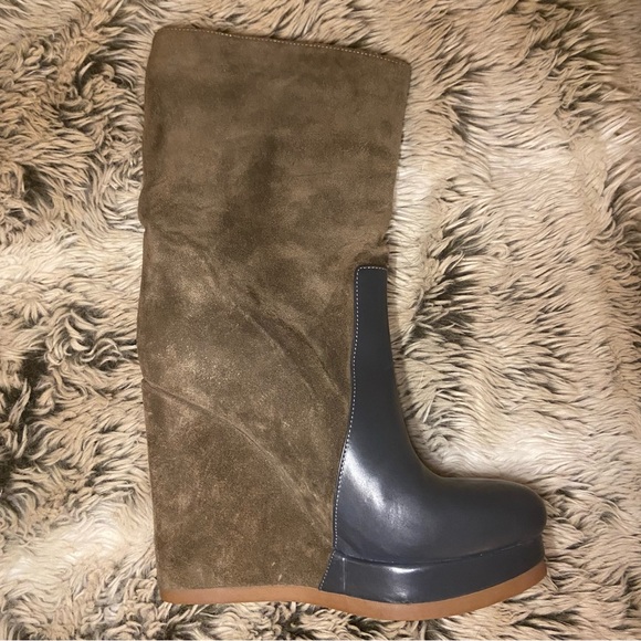 Jil Sander Brown Suede Black Leather Platform Wedge Boots Mid Calf Booties 36 6 - Picture 8 of 16